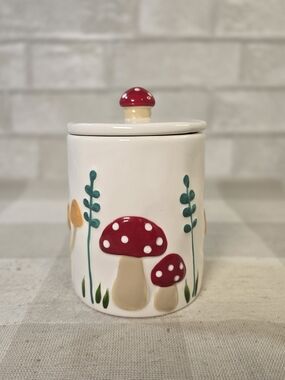 Ceramic Red Mushroom Canister w/ Lid Hand Painted 5.5" Whimsical Cottagecore